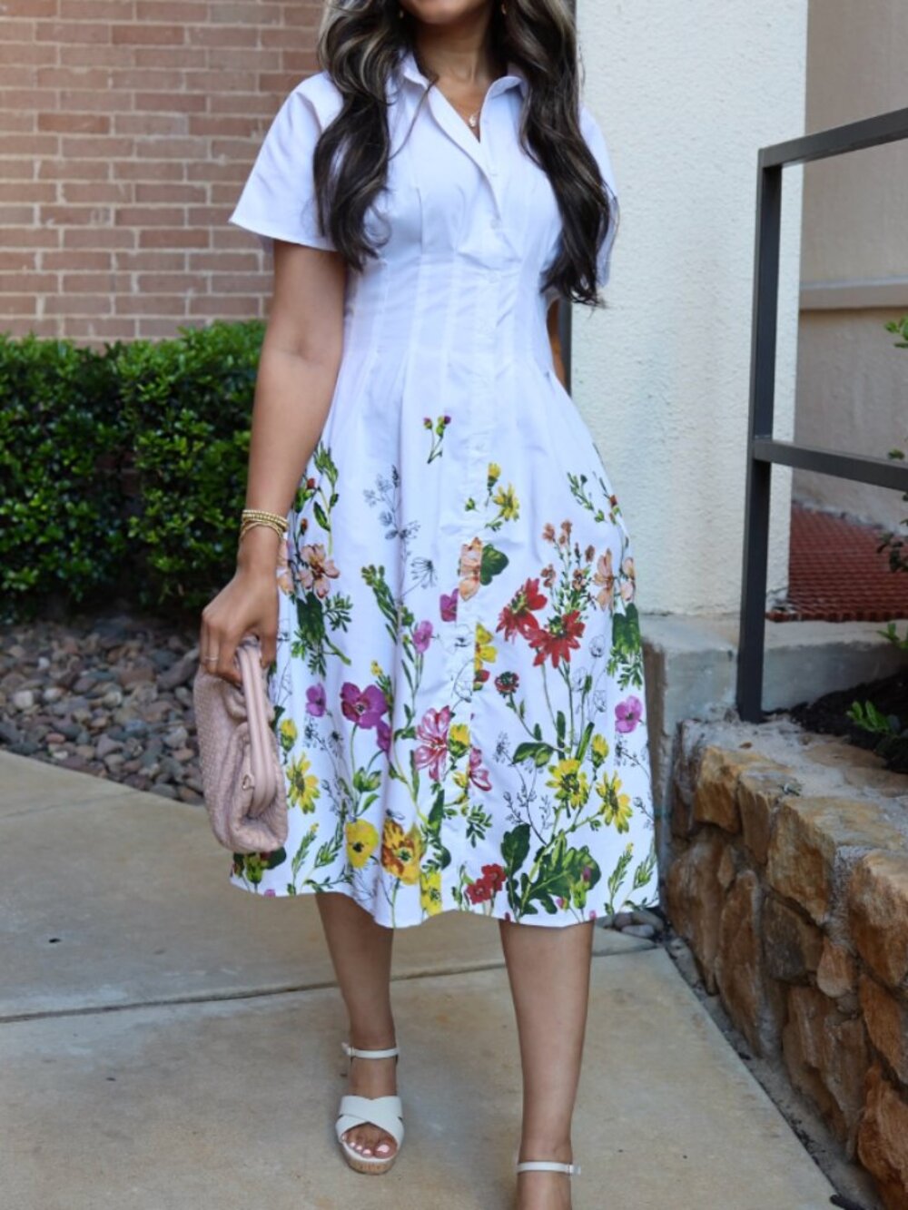 Cato Midi Shirt Dress Small White Floral Summer Classy Pleated Button Boho